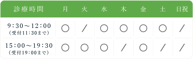 診療時間午前9:30~12:00、午後15:00~19:30